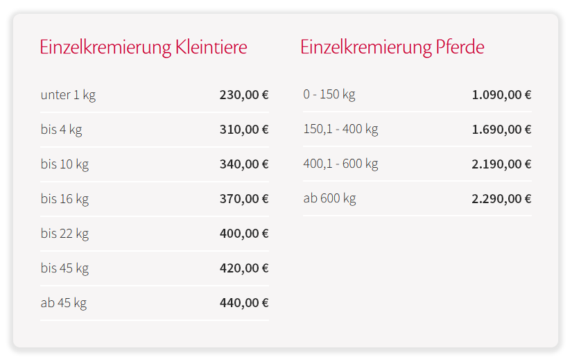 Preise Einzelkremierung Kleintier und Pferde