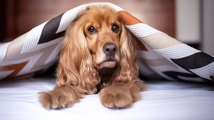 Hund liegt unter Decke im Bett