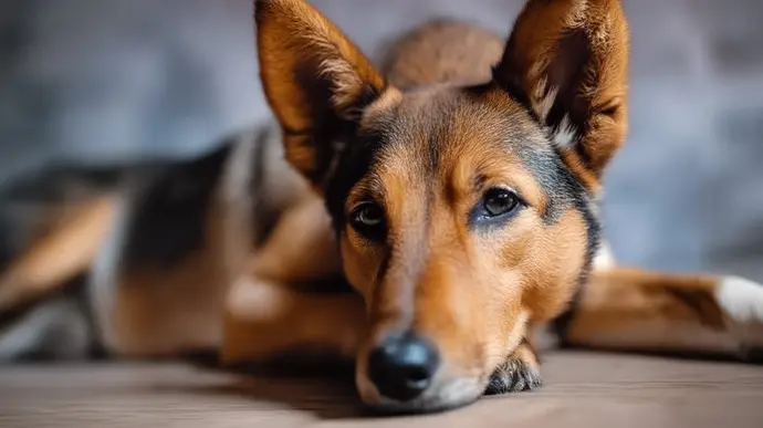 Das Bild zeigt einen Hund, der ruhig auf der Seite liegt