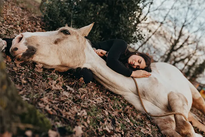 Frau umarmt liegendes Pferd im herbstlichen Laub.