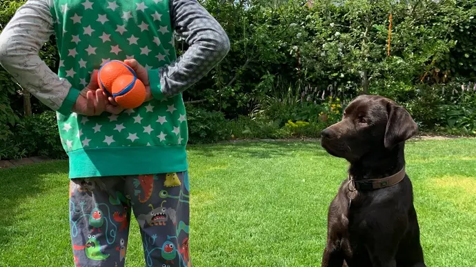 Junge versteckt Ball hinter dem Rücken – Hund wartet gespannt.