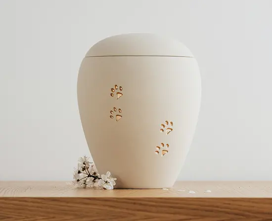 Schlichte cremefarbene Tierurne aus Keramik mit dezenten Pfotenmotiven auf einer Holzoberfläche