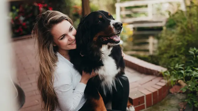Ein Berner Sennenhund sitzt mit einer Frau im Garten.