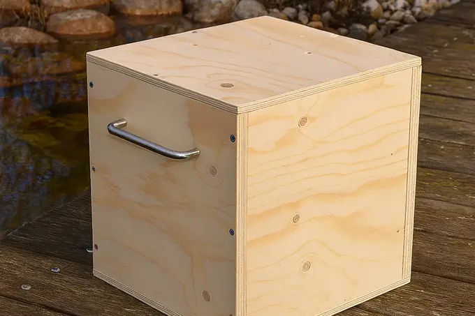 Schlichte Holzurne aus hellem Naturholz mit Metallgriff, platziert auf einem Holzsteg neben einem Teich