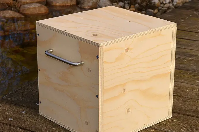 Schlichte Holzurne aus hellem Naturholz mit Metallgriff, platziert auf einem Holzsteg neben einem Teich