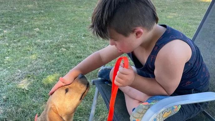 Junge streichelt seinen Hund und hält die Leine, während sie draußen auf dem Rasen sitzen.
