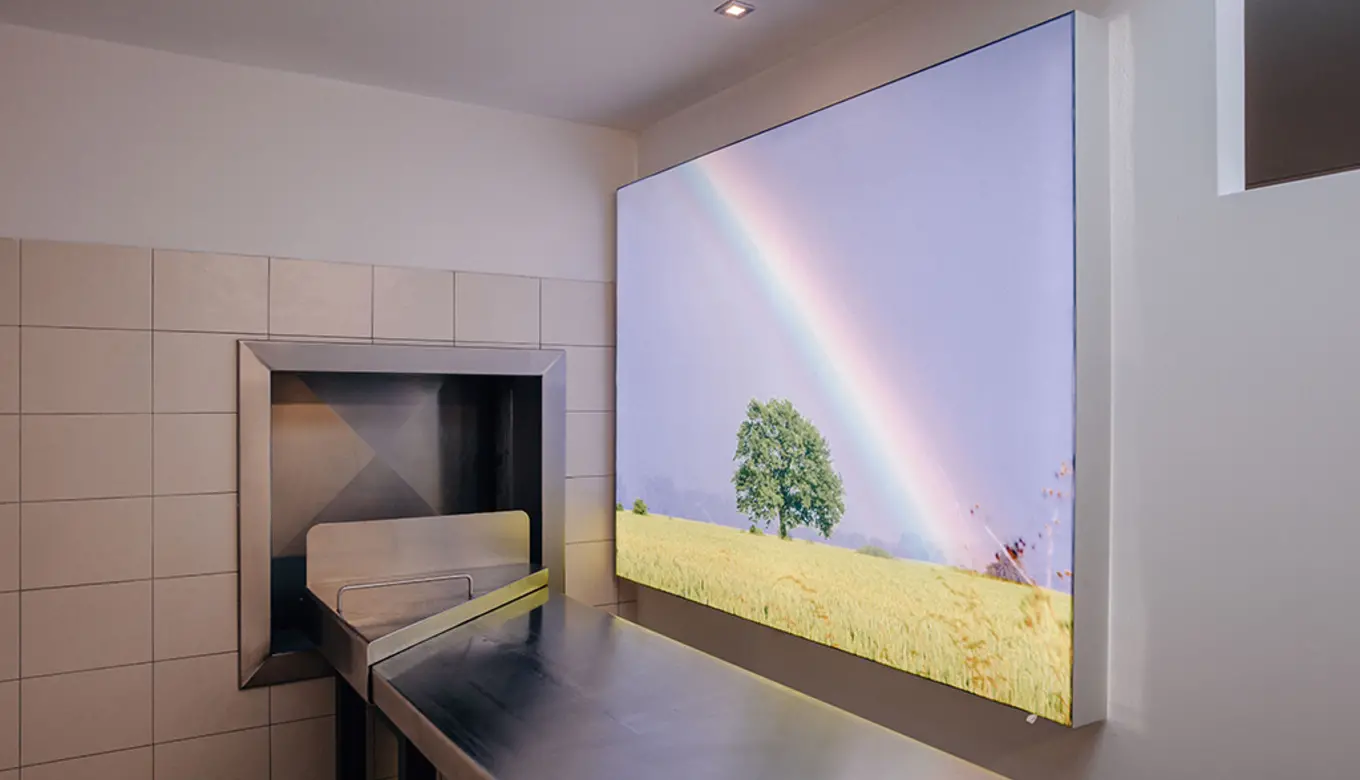 Das Bild zeigt eine Mitarbeiterin an der Rezeption, die freundlich in einem Raum mit einem roten Rosenlogo steht.