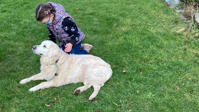 Ein Mädchen beugt sich zu ihrem Hund und streichelt ihn auf der Wiese.