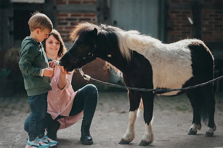 Frau und Kind streicheln Pony 