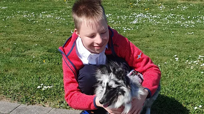 Therapie-Begleithund Toffy unterstützt Samuel mit Down-Syndrom im Alltag